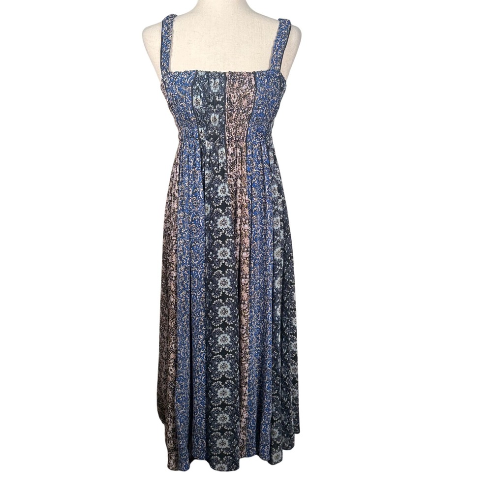 Free People Come Together Midi Dress XS Blue Floral Smocked Boho Chiffon Summer
